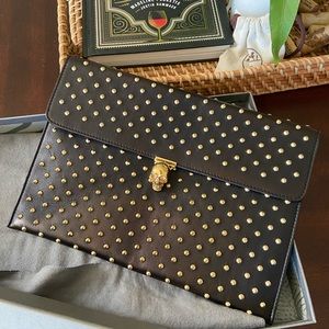 Alexander McQueen Gold studded Black Envelope Clutch with Skull Turnlock